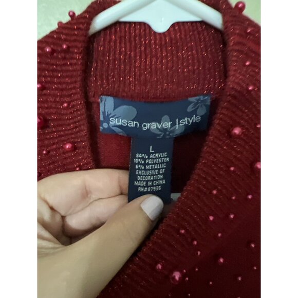Susan Graver Red Beaded Short Sleeve Sweater & Open Cardigan Set L Acrylic Blend - Picture 3 of 15